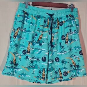 CORONA Men's Aqua Tropical Swim Shorts with Corona Beer Bottle Pattern